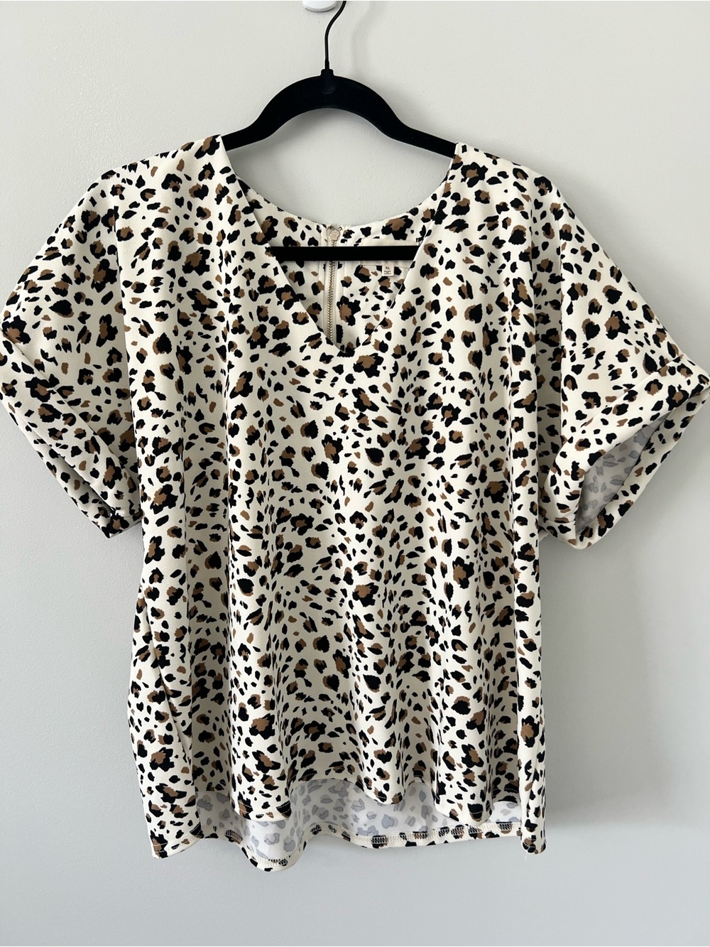 MELLODAY Cream Leopard Print V-Neck Blouse with Brown and Black Spots